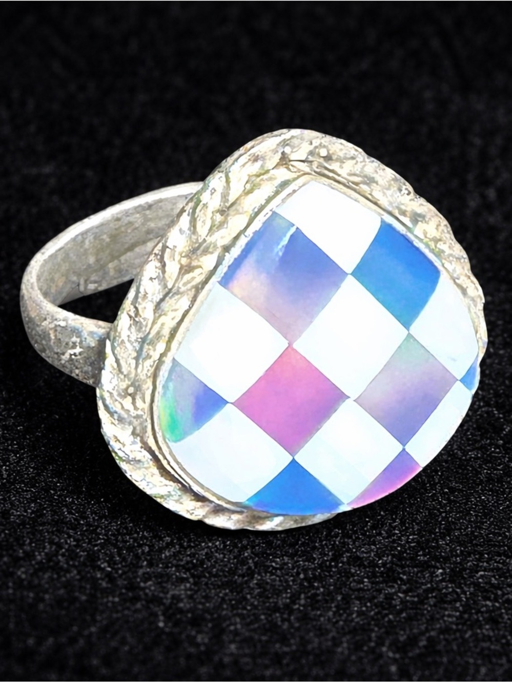 Sterling Silver 925 Iridescent Checkerboard Ring Statement Teardrop adjustable